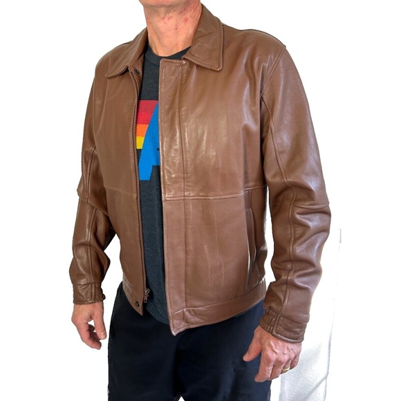 Vintage Countess Mara Leather Bomber Jacket Collared Zip Pocket Brown 38 EUC